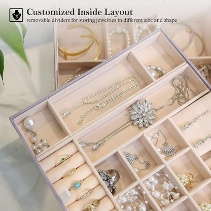 ProCase Jewelry Box for Women, 2 Layers Large Leather Jewelry Organizer Storage Case with Removable Pad for Earrings -Pearlizedsilver