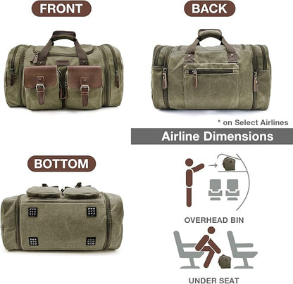 Wildroad 50L Travel Duffel Bag, Expandable Canvas Genuine Leather Duffle Bag Upgraded Overnight Weekender Carry on Bag