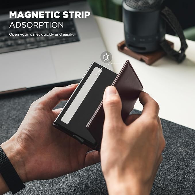 VULKIT Pop up Card Wallet Minimalist Cash Wallets RFID Blocking Leather Smart Credit Card Holder with ID window for Men