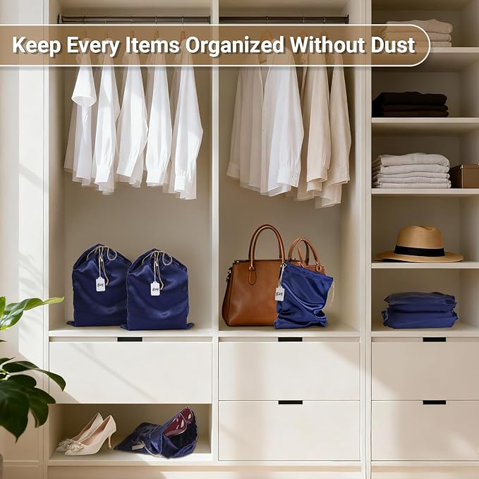 Ewen 7 Pack Satin Drawstring Shoe Bags with Blank Tags, 11.8x15.7in Dust Bags for Handbags Home Storage, Travel Essentials Small Packing Bag Dustproof, Dark Blue Purse Organizer Jewelry Organization