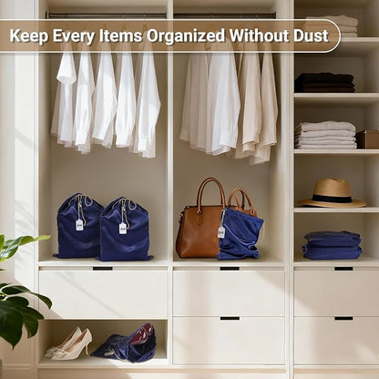 Ewen 7 Pack Satin Drawstring Shoe Bags with Blank Tags, 11.8x15.7in Dust Bags for Handbags Home Storage, Travel Essentials Small Packing Bag Dustproof, Dark Blue Purse Organizer Jewelry Organization