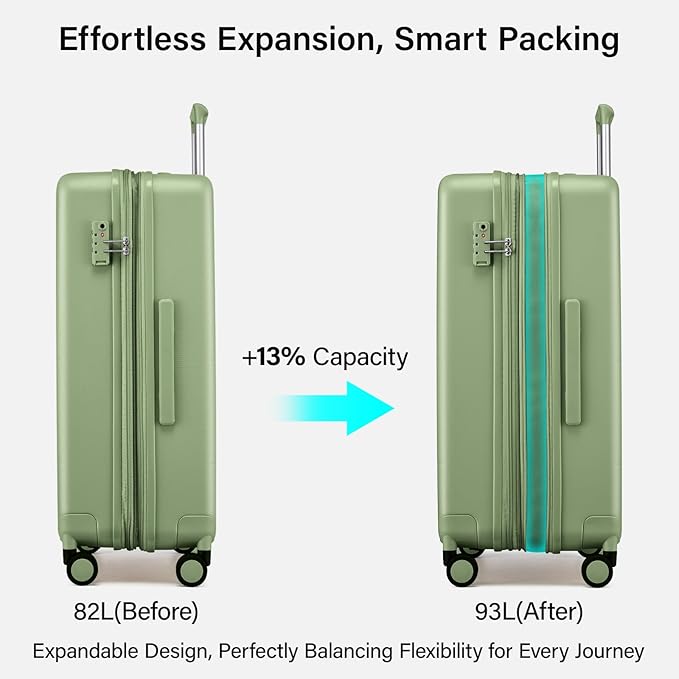 Hanke Expandable 26 Inch Luggage with Spinner Wheels, Hardside Large Suitcase, All-PC Hard Shell Travel Luggage, TSA Lock, Lightweight Durable Checked-Medium (Bamboo Green, 93L)