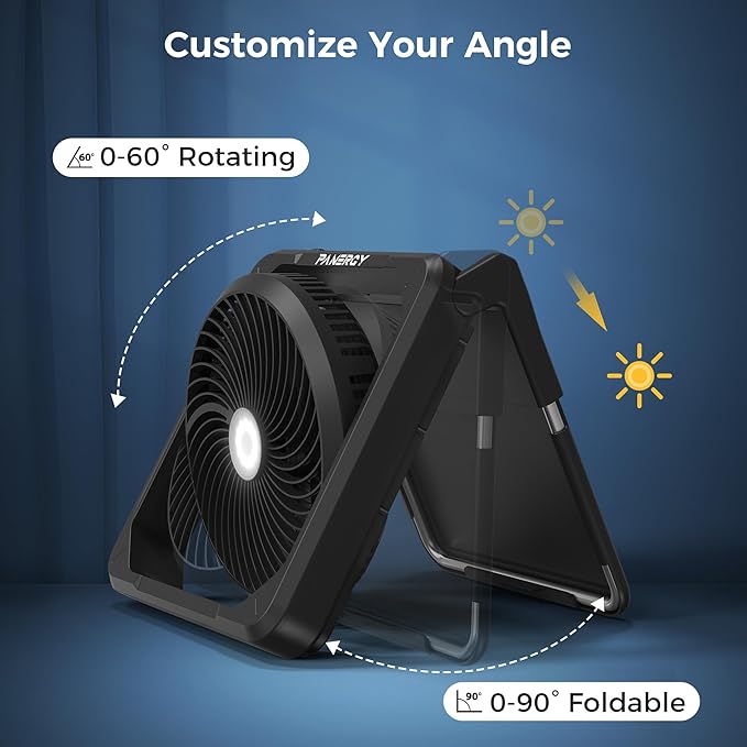 PANERGY Solar Fan with Lantern for Camping, Rechargeable Battery Powered Fan(21H cooling/67H lighting), Detachable Solar Panel, 3-Speed, 60°Pivot Cordless & Portable for Outdoor Travel RV Power Outage