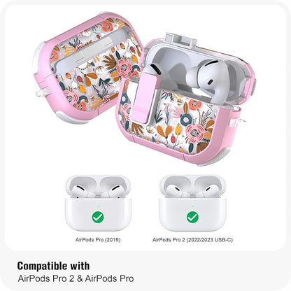 WENEW Case for AirPods Pro & Pro 2 Case Cover Secure Lock Automatic Snap Switch Clip Cleaner Kit Lanyard Women Stylish Flower Full Body Hard Shell Front LED Visible (Pink Flower, AirPods Pro & Pro 2)