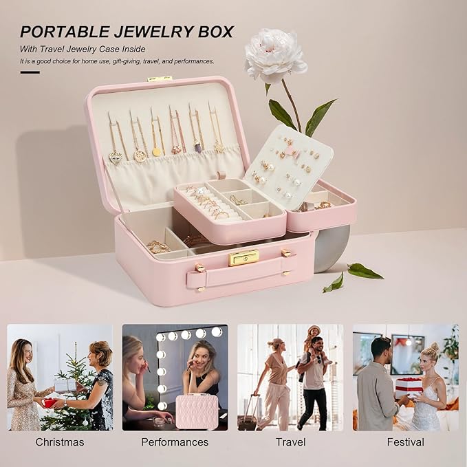 Large Jewelry Travel Case, Jewelry Case for Necklaces Large Jewelry Case Jewelry Box for Women Girls. (Pink)