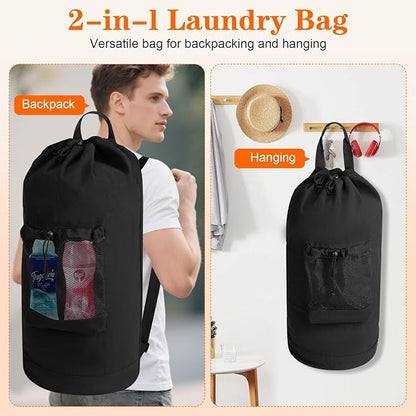 Canvas backpack laundry bag, laundry backpack with shoulder straps and mesh pockets, durable laundry basket bag with drawstring closure, suitable for college, laundromats, and apartments.