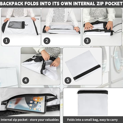 Laundry Bag Backpack with Shoulder Straps and Mesh Pocket Foldable Clothes Hamper Bag with Drawstring Closure for College, Apartment, Laundromat (White)