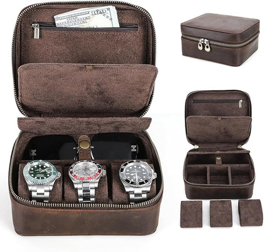CONTACTS Watch Case Travel Sunglasses Holder for Men Full Grain Leather Jewelry Organizer for 3 Watches and Watch Straps or 1 Sunglasses