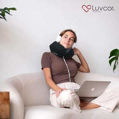 Premium Quality Memory Foam Travel Neck Pillow Bundle - Best Ergonomic Pillow for Airplane Travel, car Ride, Sleeping. Comes with Eye mask, earplugs and Storage Bag.(Stealth Black)