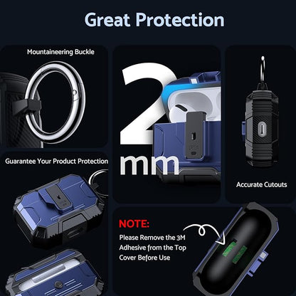 DASFOND Armor Earphone Cover Case for Airpods Pro, Military Grade Full Body Shockproof Protection Hard Case, Support Wireless Charging with Keychain, Magnetic Lid, Front LED Visible, Blue