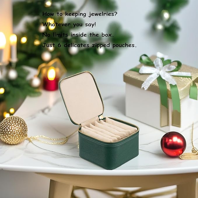 Vlando Small Travel Jewelry Box Organizer -6 Small Carry-on Zipped Pouches for Jewelries Necklaces Rings Earrings Necklace Sorting Storage, Dark Green