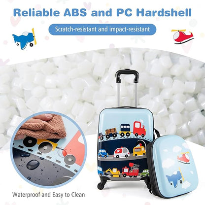 BABY JOY 2 PCS Kids Luggage, 16” Carry-on Hardshell Suitcase with Wheels & Hardside Backpack for Boys Girls, Airline-Approved Toddler Travel Luggage Set (Little Car)