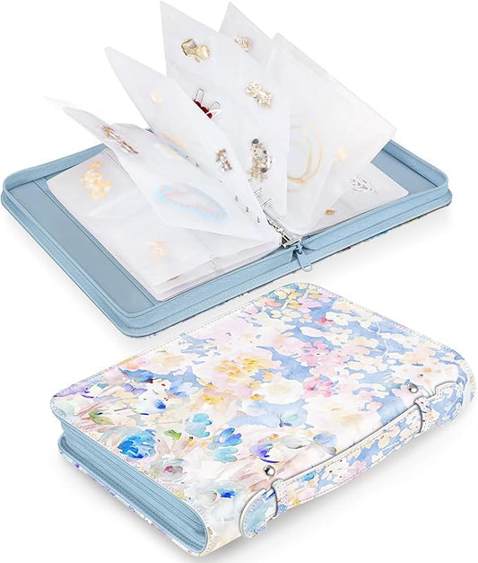 Jewelry Travel Organizer Case, PU Leather Portable Jewelry Storage Book with Transparent Pockets Zipper Bag for Necklaces, Earrings, Bracelets(48 Grids+48 Thicken PVC Bags),WatercolourBlossoms