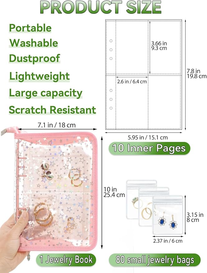 Jewelry Organizer Case Travel Clear Earring Organizer Case Transparent Jewelry Storage Book with Clear Zippered Jewelry Pouch (Pink, With 80 Pcs small Jewelry Pouches)