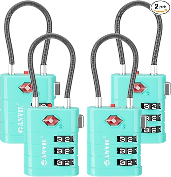 ANVIL TSA Approved Luggage Locks – High Security TSA008 Combination Travel Locks with Inspection Indicator for Suitcases and Backpacks. (4, Cyan)