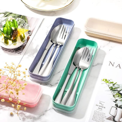 Yinkin 4 Pack Portable Travel Utensils Set with Case Reusable Stainless Steel Silverware Flatware Camping Cutlery Include Fork Spoon Knife for Work School Dishwasher Safe(Blue, Beige, Green, Pink)