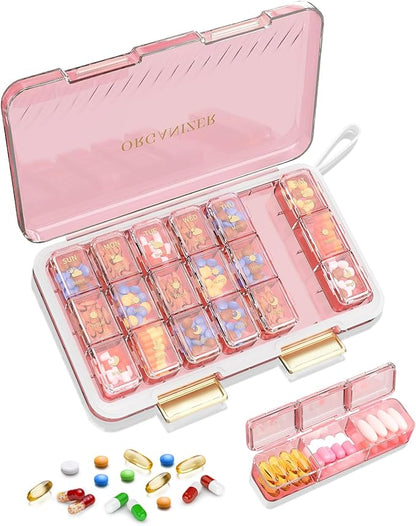 Pill Organizer 3X a Day, Large 7 Day Pill Box 3 Times a Day Portable for Family/Travel Medicine Case for Vitamins, Fish Oil and Supplements（Pink）