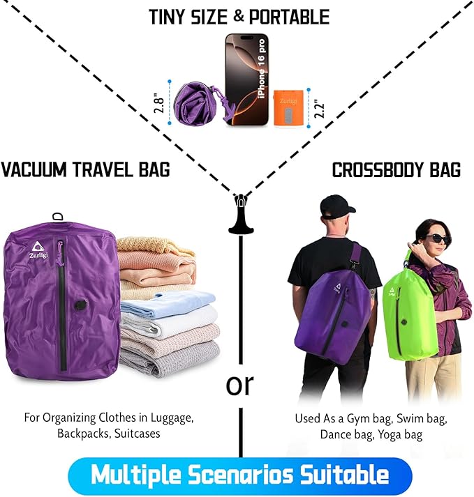 Zurligi Vacuum Bags for Travel with Pump, Vacuum Compression Bag with Adjustable Shoulder Strap, IP67 Reusable Vacuum Packing Cubes for Luggage, Backpack, Suitcase, Yoga, Swim, Beach