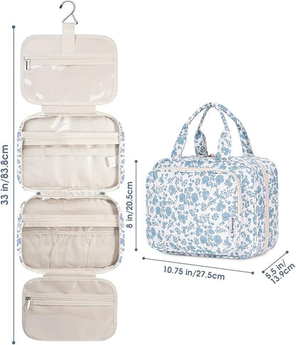 Narwey Hanging Floral Toiletry Bag for Women Travel Makeup Bag Organizer Toiletries Bag for Travel Size Essentials Accessories Cosmetics (Little Blue Flower (Medium))