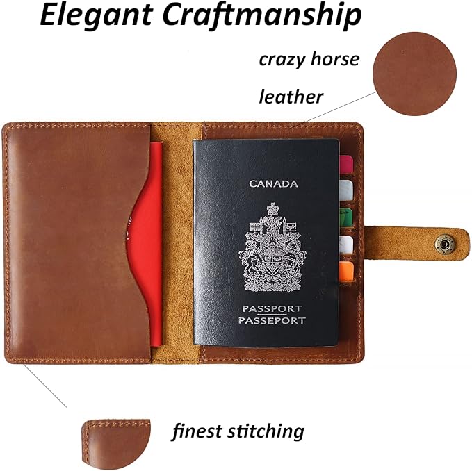 Passport Holder Cover Case Crazy Horse Leather Waterproof Travel Wallet Business Credit Card Vaccine Combo with Slot Accessories Documents Vintage Organizer Protector for Women Men Coffee
