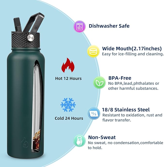 BJPKPK Insulated Water Bottles with Straw Lid, 40oz Stainless Steel Metal Water Bottle with 3 Lids, Reusable Thermo, Keep Cold Hot for Sports, Gym-Army Green