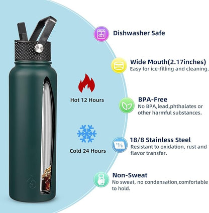 BJPKPK Insulated Water Bottles with Straw Lid, 40oz Stainless Steel Metal Water Bottle with 3 Lids, Reusable Thermo, Keep Cold Hot for Sports, Gym-Army Green