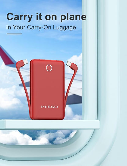 miisso 10000mAh Compatible with iPhone 15/16/17 and Android, Slim Portable Charger with Built in Cable, Power Bank Travel Charger External Battery Pack for Phone, 3 Output USB Type C Cord, Red