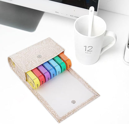 Pill Organizer,LIZIMANDU Weekly Travel Pill Case Box Medication Reminder Daily AM PM, Day Night 7 Compartments,for 4 Times A Day, 7 Days a Week-Includes Leather PU Carrying Case(1-Carved White)
