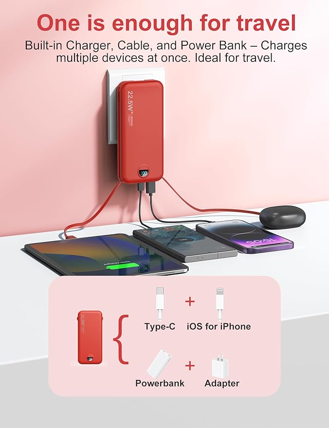 Portable Charger Power Bank, 12000mAh 22.5W USB C Fast Charging with Built-in Cables & Wall Plug, 5-in-1 Battery Pack with LED Display, Ultimate Travel Essential for iPhone, iPad, Samsung Red