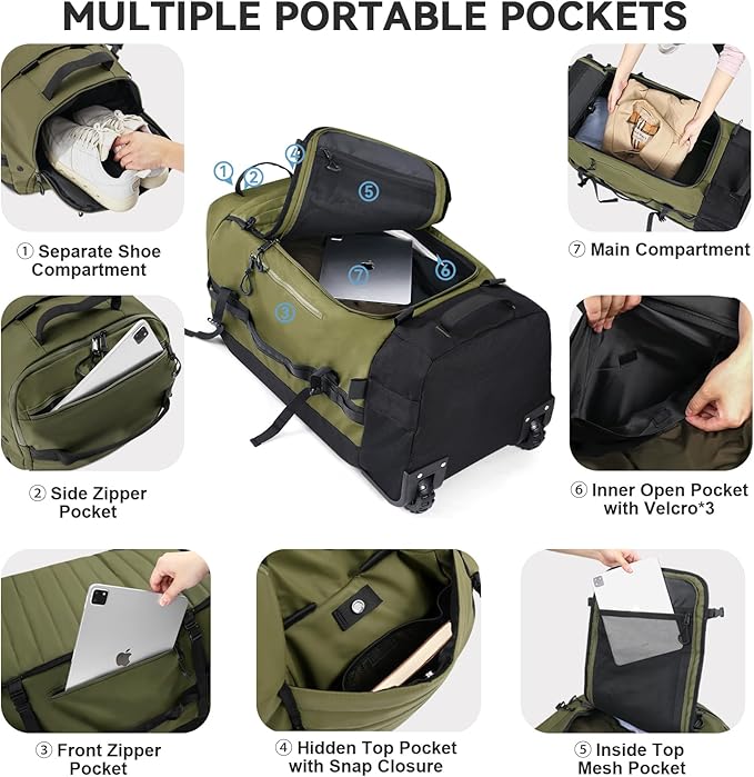 85L 29“ Foldable Rolling Backpack with Wheels, Soft-Side Travel Duffle Bag with Separate Shoe Compartment, Full Quilted Bottom, Army Green