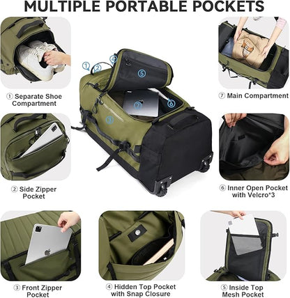85L 29“ Foldable Rolling Backpack with Wheels, Soft-Side Travel Duffle Bag with Separate Shoe Compartment, Full Quilted Bottom, Army Green