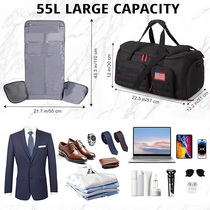 3-in-1 Tactical Garment Bag For Men,55L Large Capacity Convertible Suit Bag,Garment Bags For Hanging Clothes With Shoes Compartment, Multi-Functional Suit Bag For Travel Business