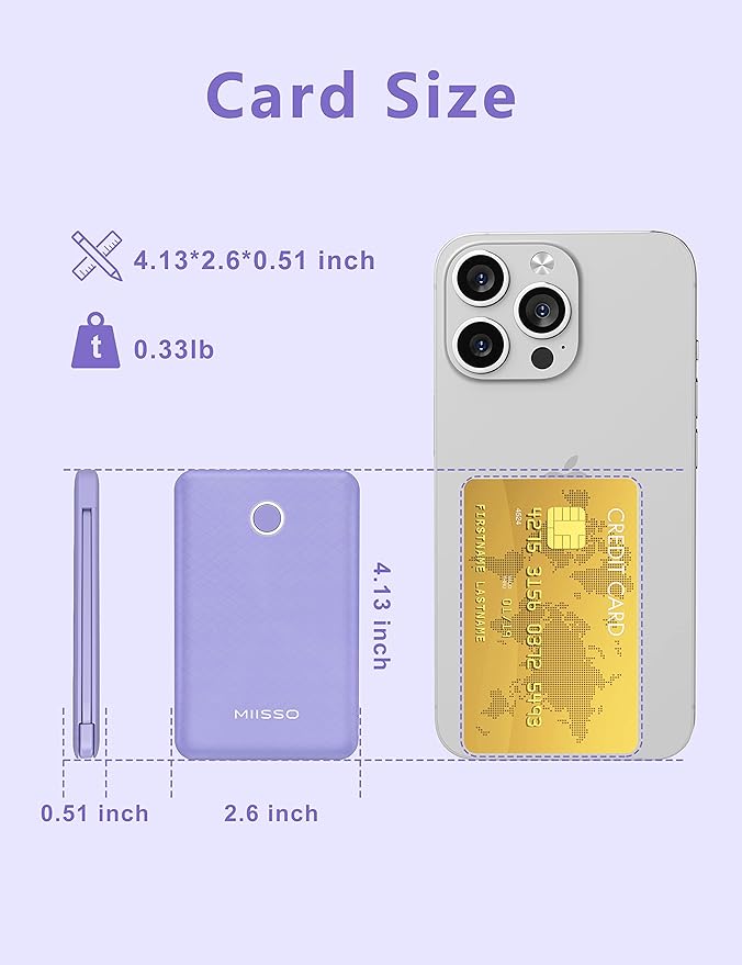 6000mah Ultra Slim Built in Cables Power Bank, Card Size Built in USB C Cords Battery Pack Portable Charger for Phones, 3 Output External Battery Pack Compatible with iPhone, 2-Pack White & Purple