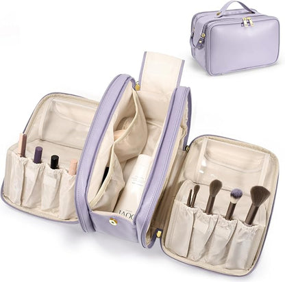 Travel Makeup Bag Women's Large Capacity Cosmetic Portable Organizer Large Opening Waterproof Storage Toiletry Bags Vertical Free-Standing Brush Holder for Easy Access Purple