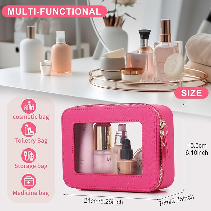 Pinkmik Clear Makeup Bag for Women Waterproof Travel Cosmetics and Toiletries Case Portable Makeup Oaganizer Bag Clear Car Bag with Zipper (X/Fuxia, M)