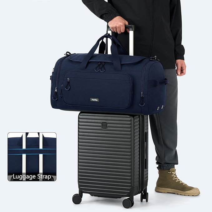 Large Travel Duffle Gym Bag with Shoe Compartment, Underseat Carry On Luggage Overnight Weekender Personal Item Workout Bags for Women Men (Navy Blue)