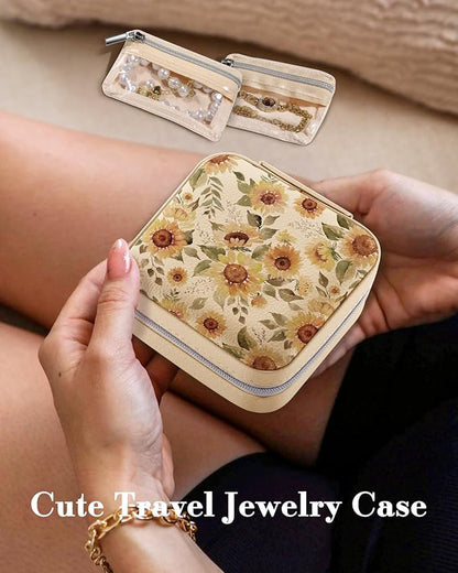 Bistup Travel Jewelry Case - Small Jewelry Organizers and Storage Box for Women Girls Teens Cute Traveling Jewelry Holder with Mirror Little Tiny Compact Modern Unique Aesthetic Pretty, Sunflower