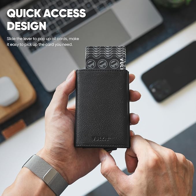 VULKIT Pop up Wallet Minimalist Cash Wallets RFID Blocking Leather Smart Credit Card Holder with Magnetic Closure for Men