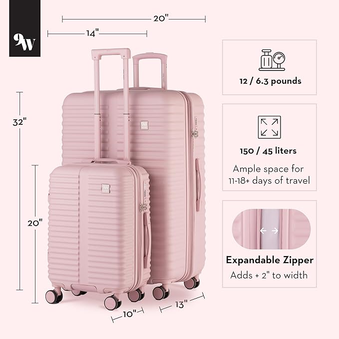 Nine West Suvi 2 Piece Luggage Set for Cruise & Extended Trips, 32" Large Expandable Suitcase & 20" Smart Carry On with USB Port, Hardshell Spinners Muted Lilac