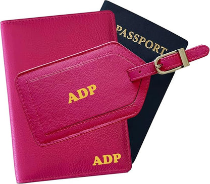 Personalized Monogrammed Bright Pink Leather RFID Passport Wallet and Luggage Tag