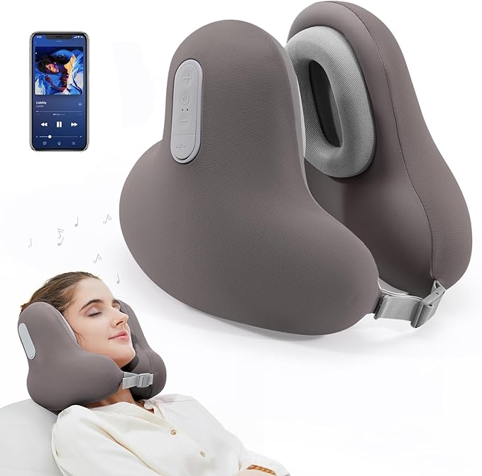 Travel Neck Pillow with Bluetooth Headset, Memory Foam Airplane Pillow for Head Support, Ergonomic Design Traveling Music Pillow for Home, Flight, Car with Adjustable Buckle and Drawstring Bag(Grey)