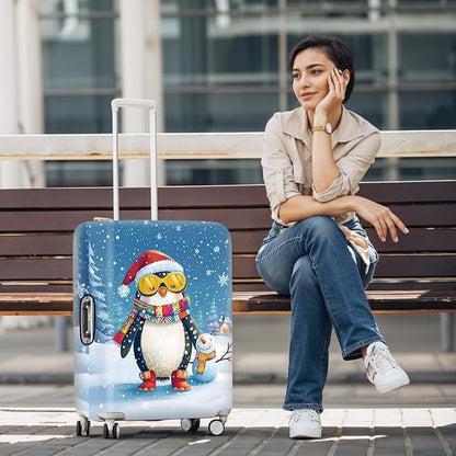Christmas Penguin Luggage Cover – Cute Winter Penguin Suitcase Protector, Holiday Travel Luggage Sleeve, Stretchable & Waterproof, M