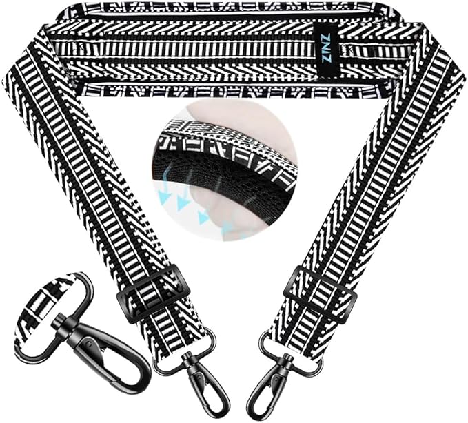 ZINZ 74" Shoulder Strap with Fixed Pad and Dual Balanced Buckles，Black White Jacquard