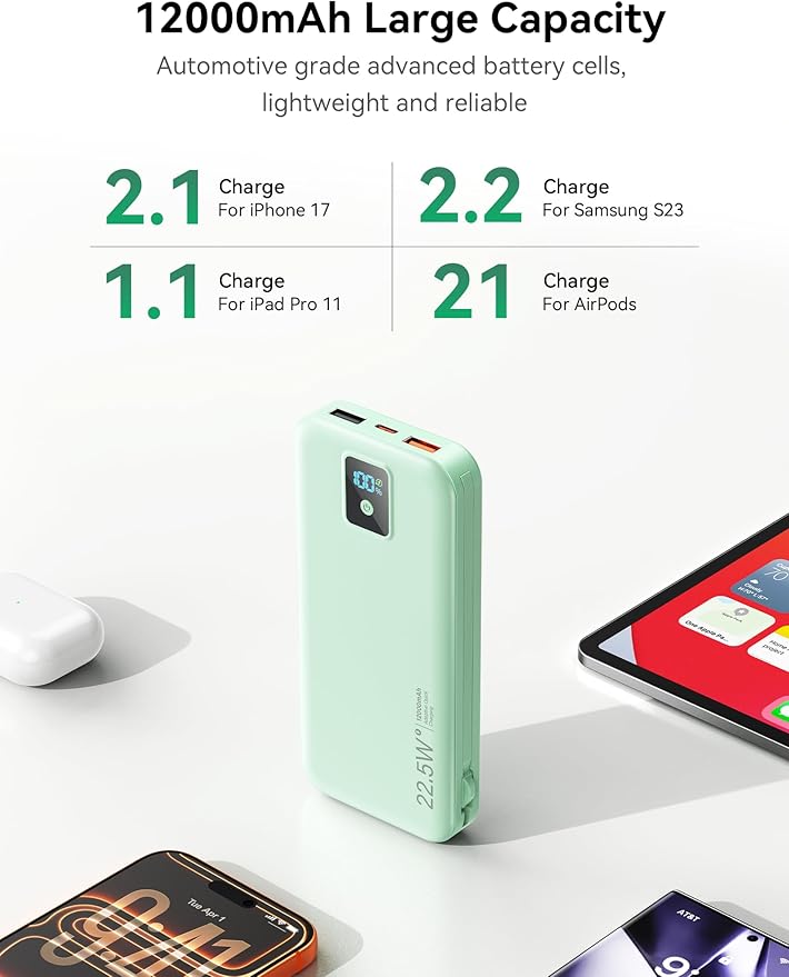 Portable Charger, 12000mAh 22.5W Fast Charging Power Bank with Built-in Cables & Wall Plug, Travel Essentials Battery Pack with LED Display, USB C External Battery Bank for iPhone iPad, Samsung Green