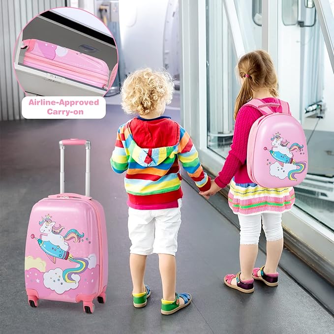 KOTEK Kids Carry On Luggage Set, 18" Hardside Rolling Suitcase with Spinner Wheels, Travel Rolling Luggage for Boys Girls (Pink Unicorn)