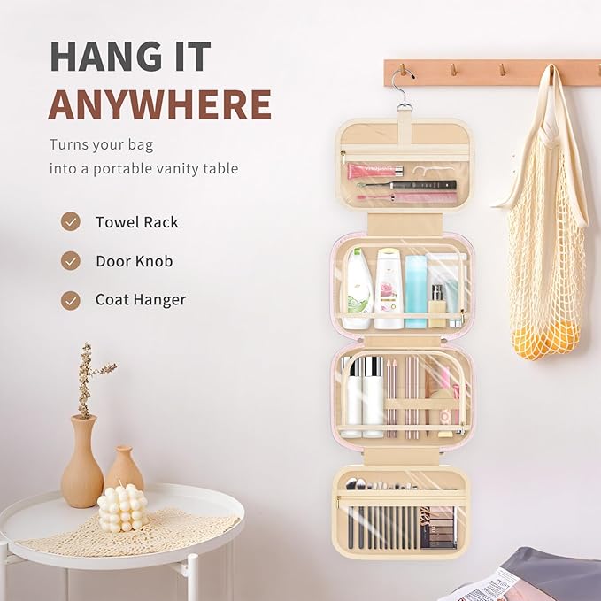 YOOLIFE Hanging Toiletry Bag for Women - Travel Toiletry Bag Makeup Bag, Portable Toiletries Cosmetic Bag, Airplane Travel Essentials - Letter V, Pink