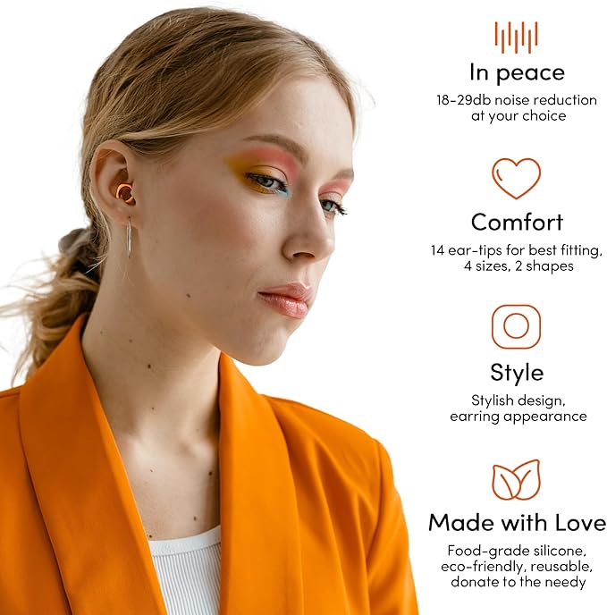 Audree Style Ear Plugs for Noise Reduction, Reusable High Fidelity Earplugs for Concerts, Musicians, Motorcycles, Study, Parent, Party, Flights & Noise Sensitivity, 18-29dB Noise Cancelling (Orange)