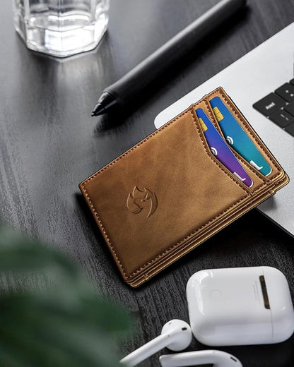 Magnetic Closure Slim Wallet for Men with Money Clip Gift Boxed,Genuine Leather Front Pocket Wallet, 3.9"x 2.7", RFID Blocking