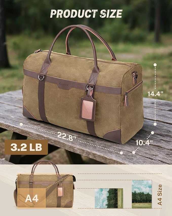 Gonex Waxed Canvas Duffle Bag for Travel, Water-resistant Vintage 55L Duffel Weekender with Shoes Compartment & Luggage Tag, Heavy-duty Overnight Bag with Suitcase Handle Sleeve for Men, Coffee