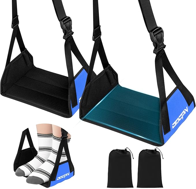 2-Pack Foot Hammock for Plane Travel, No Collapse Thickened Bamboo Airplane Foot Rest with Extended Adjustment Strap, Portable Desk Foot Hammock to Relax Your Feet, Foot Sling Travel Essentials(Blue)